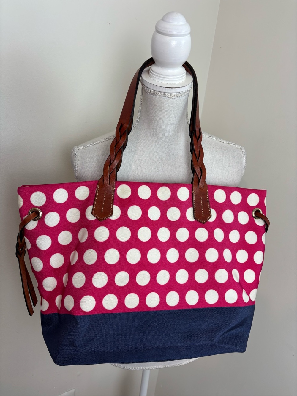 Dooney & Bourke Navy Polka Dot Nylon Tote Bag - Picture 2 of 12